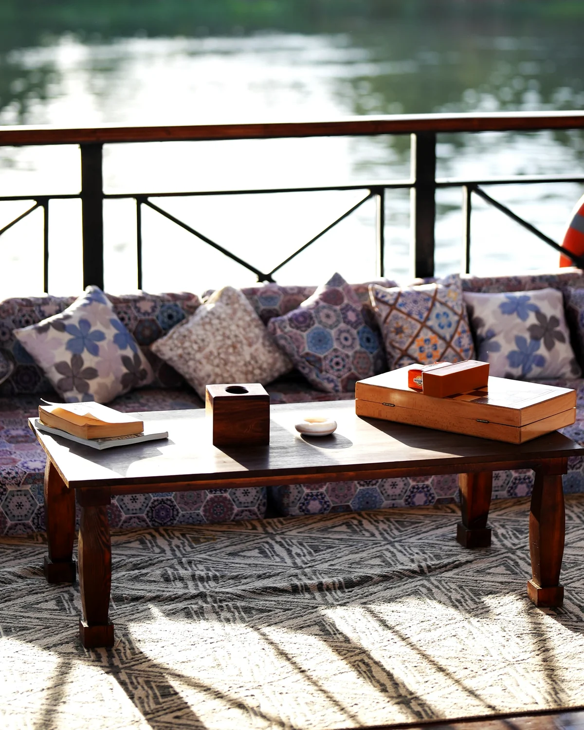 Shaded upper deck lounge aboard Fatima Dahabeya