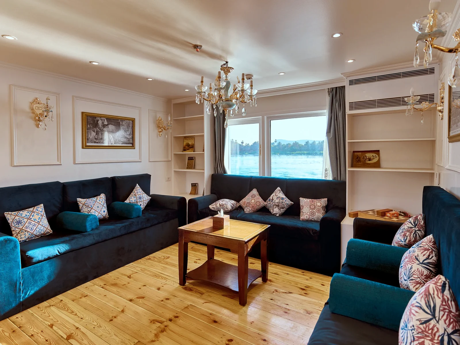 Salon and library aboard Fatima Dahabeya